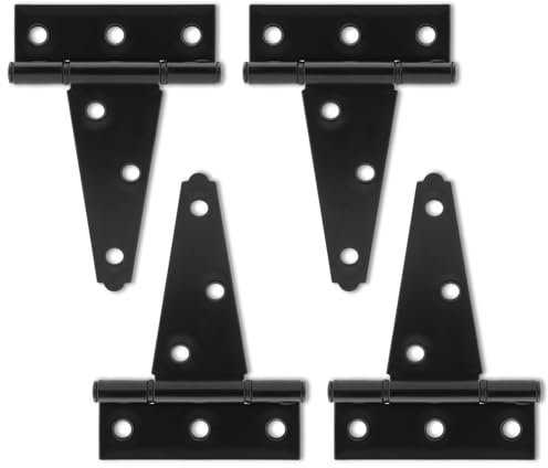 Bisagras de puerta de cobertizo con correa en T de 4 pulgadas, paquete de 4 bisagras en T resistentes, bisagras de puerta en T, bisagras de correa de puerta, herrajes forjados negros para vallas de