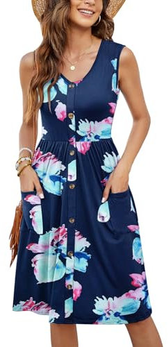 MOLERANI Damen Casual Kleider Plissee V-Ausschnitt ärmellos Button-Down einfarbige Sommerkleider(Blumen Marineblau Rosa,L)