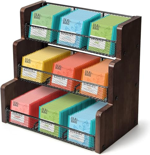 THYGIFTREE Porta bustine di tè a 3 ripiani, in legno massello, organizer per bustine di tè, cucina, ufficio, piano di lavoro, bustine di zucchero, porta creme (nero)