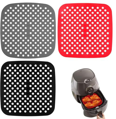 3 Pezzi Tappetini per Friggitrice ad Aria, Fodere Riutilizzabili per Friggitrice ad Aria, Quadrati Tappetini in Silicone per Friggitrice ad Aria Antiaderente Tappetino (21.5cm)