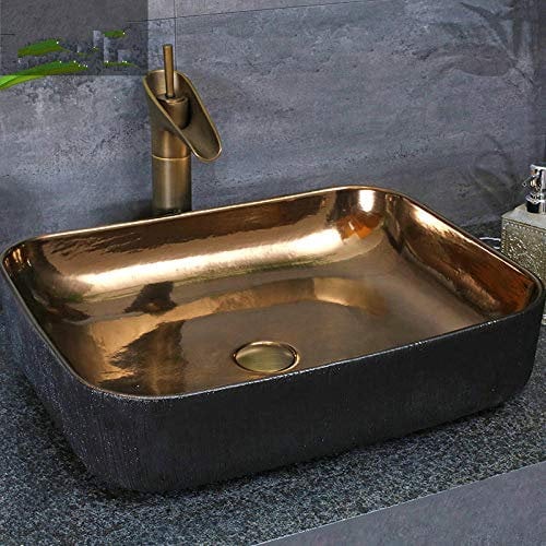 BGFYUSF Badezimmer-Waschbecken， Aufsatzwaschbecken， rechteckiges Waschbecken， Jingdezhen Art-Aufsatzwaschbecken， goldenes und schwarzes Keramikwaschbecken，，