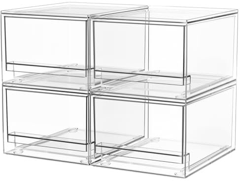 A-Lugei 4 Piezas Apilables Organizador Cajones AcríLico, Transparente Cajonera Plastico Organizador Cajones Baño, Caja De Almacenamiento Con Tapa Para Maquillaje Cosméticos Cocina Refrigerador Oficina