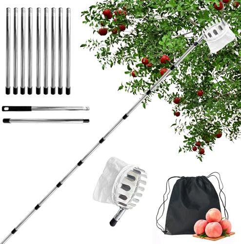 Jiahuade Cueille-Fruits avec Corbeille,Outil Cueillette de Cerise,Cueille Fruit avec Manche Télescopique,Cueille Pomme,Ramasse Fruit,Cueille Fruit Telescopique,Cueilleur de Fruits Amovible (4.2M)