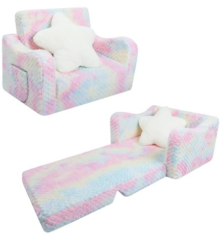 Divano Bambini Trasformabile 2-in-1,Poltroncina Pieghevole per Bambini Ragazze con Cuscino a Forma di Stella ,Comoda Divano Letto per Bambini per Camere da Letto e Soggiorno,Rosa Griglia Diamantata