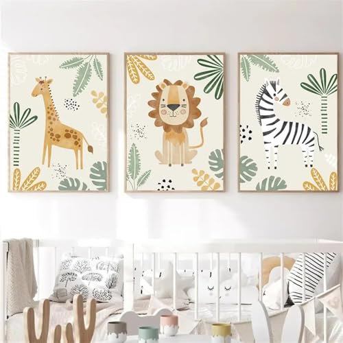 3 Affiche Animaux de la Foret Chambre Bebe Vert Poster Jungle Enfant Animaux Safari Girafe Lion Éléphant Tableau Savane Bebe 30X40cm Toile Decoration Murale Enfant Garçon Cadeau sans Cadre