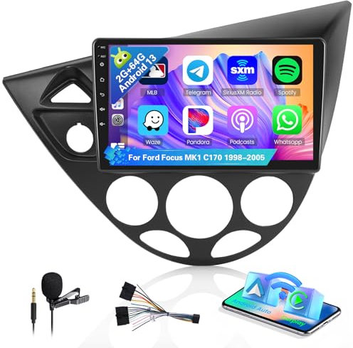 Hikity 8 Core 2+64G Android Radio Pantalla para Ford Focus MK1 C170 1998-2005 Wireless Carplay Android Auto, 9'' Pantalla Táctil Estéreo Radio con Bluetooth 32EQ DSP GPS FM/RDS SWC Cámara Trasera
