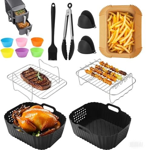 15PCS Moule Air Fryer, Accessoire Fryer pour Ninja Double Stack SL400EU 9.5 L, Silicone Accessoires AF300EU AF400EU,Plaque à pâtisserie/grille/papier sulfurisé