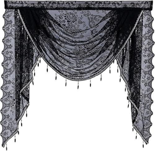 FYBlossom Spitze Wasserfall Volants Vorhang Für Fenster, Vintage Jacquard Scheibengardine Spitze Bistrogardine Mit Perlen Quasten, Floral Bestickt Gardinen Kurzstore (Schwarz, H105 x B100 cm)