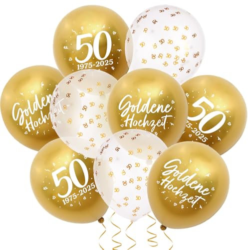MEJOSER 24 Stück Goldene Hochzeit Deko Luftballons auf Deutsch 2025 50 Zahl Konfetti Ballons 12 Latex 50. Jahrestag Jubiläum Goldhochzeit Party Geschenke (50)