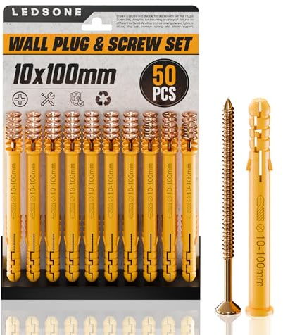 50Pcs Wall Plugs and Screws Set – Heavy Duty Nylon Rawl Plugs with Zinc Screws for Brick, Concrete & Plasterboard – Wall Fixings Kit for Shelves, Lights, Mirrors & DIY