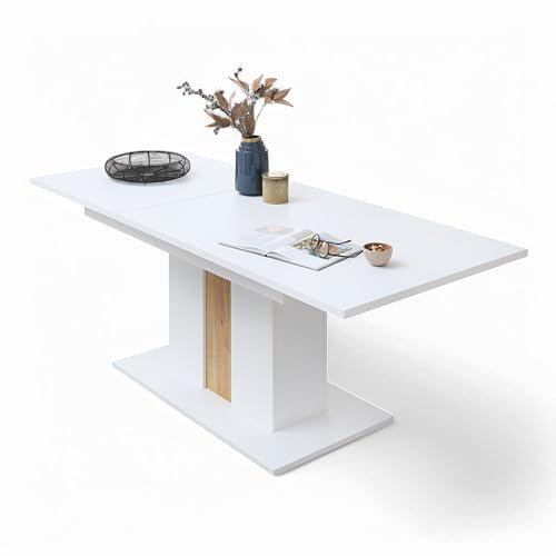 Stella Trading Memphis Esstisch ausziehbar in Weiß, Artisan Eiche Optik - Ausziehbarer Esstisch für Ihr Wohn- & Esszimmer - 160-210 x 75 x 90 cm (B/H/T)