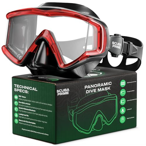 Scuba Prime Pano Tauchmaske mit 3 Fenstern Rot - 180° Antibeschlag Panoramamamaske für Tauchen, Schnorcheln und Schwimmen, Bequeme Passform für Erwachsene
