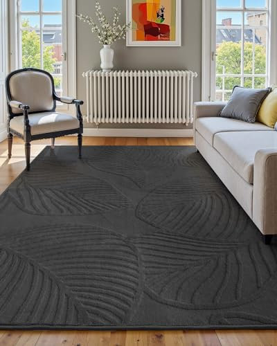 DEFYNEE Teppich Wohnzimmer 152 x 213 cm mit Monstera-Blattmuster, Moderner Kurzflor mit Hoch-Tief-Effekt, Washbar, Anti-Rutsch-Unterseite, weich & groß, für Schlafzimmer, Büro und Esszimmer-Dunkelgrau