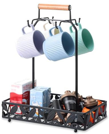 Ouseen Porta tazze da caffè per bancone con cestino portaoggetti | L'albero delle tazze 2 in 1 può contenere 4 tazze grandi | Organizzatore da bancone da cucina per accessori da caffè, cialde e
