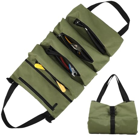 Borsa per Attrezzi Arrotolabile - Tasca Porta Attrezzi - Borsa Portautensili con 5 Tasche con Cerniera - Per Elettricisti, Idraulici, Falegnami, Uso Domestico, Auto e Moto (Verde)