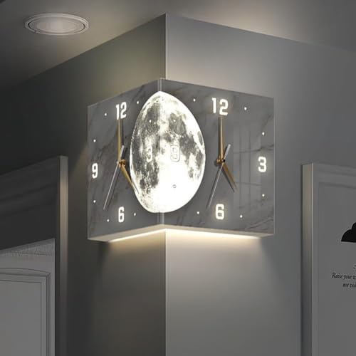 Talcus Eckuhr mit 3-Farbiger Beleuchtung, doppelseitige Mond-LED-Wanduhr (25 cm), geräuschlos, Fernbedienung for Wohnzimmer, Schlafzimmer usw.(Gold Pointer)