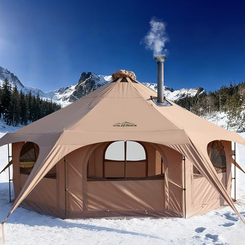 WildFinder 16.5ft Canvas Bell Tent, Large Yurt Tent with Stove Jack for Camping & Glamping, 55 High Walls, Maximum Space, Waterproof 4 Season Hot Tent with 8 Mesh Windows & Removable Floor