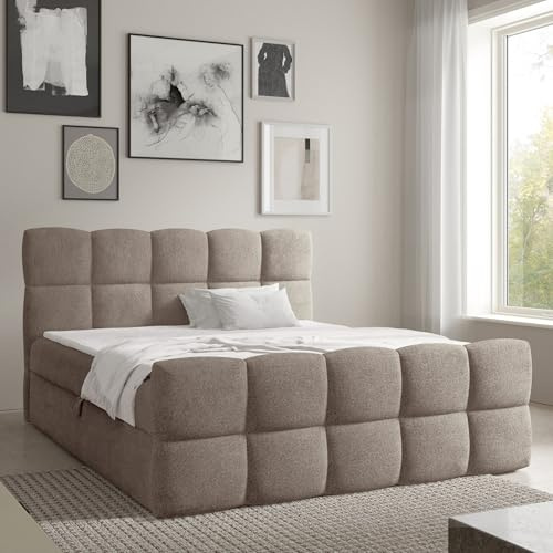 Home Collective Boxspringbett Polsterbett Doppelbett Bubble Bett mit Stauraum viele Größen und Farben | Topper inklusive | modernes Design Schlafzimmer Jugendzimmer Möbel | Beige 200x200 cm