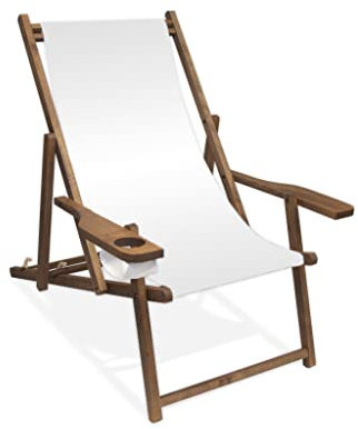 Holz-Liegestuhl mit Armlehne und Getränkehalter, Klappbar, mit dunkelbrauner Lasur, Wechselbezug (Weiß)