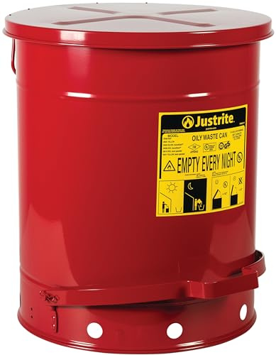 Justrite 09500 Galvanized Steel Oily Waste Safety Can with Foot Lever, 52 L Capacity, 16-1/16 OD x 20-1/4 H, Red