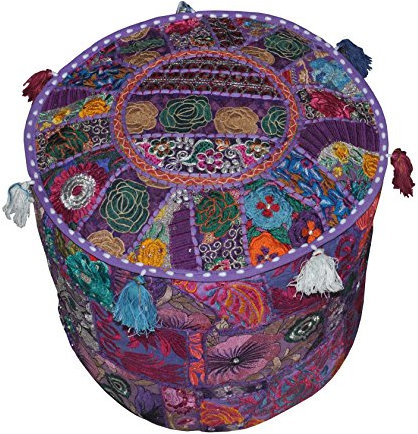 Rajasthali Vintage Indischer Ottoman Embelli mit Kissen mit Stickerei und Patchwork, 46 x 33 cm