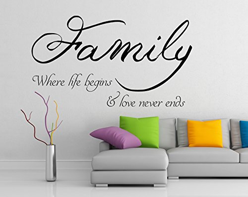 60 cm x 35 cm) Familie Wandtattoo Zitat Der Familie, Wandtattoo, Wandtattoo Vinyl Home Life begins and Love Never Ends Text in englischer Sprache, DIY Sticker Wandtattoo für Wohnzimmer