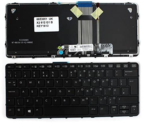 Power4Laptops UK Layout Black Frame Backlit Black Replacement Laptop Keyboard Compatible With HP Pro X2 612 G1