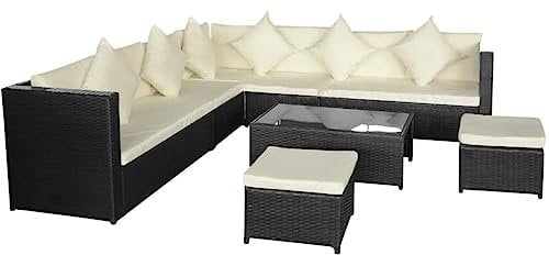 vidaXL Black Poly Rattan 8-piece Garden Lounge Set with Cushions - Weather-resistant Outdoor Sofa Set with Removable Polyester Cushion Covers and Sturdy Steel Frame - Versatile Patio Furniture