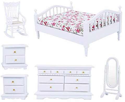 skala1:12 Puppenhaus Schlafzimmer Möbel Sets 6 stücke Mini Weiß Holz Floral Bett Kleiderschrank Stuhl Dressing Spiegel Schrank Kit Miniatur Möbel Pretend Play Spielzeug für 3 4 5 Jahre Alt Mädchen