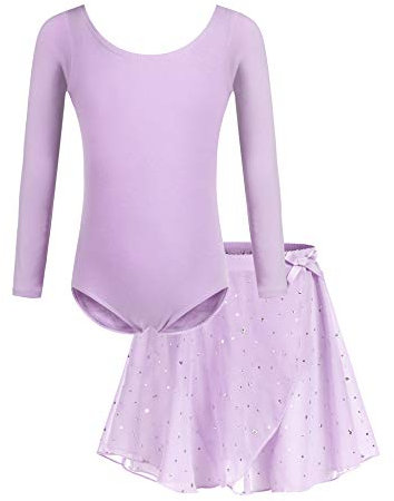 Bricnat Ballettkleidung Mädchen Ballettkleid Kinder Tanzbody Gymnastikanzug Balletttrikot Langarm Tanzkleid mit Tütü Kinder Baumwolle Violett 140