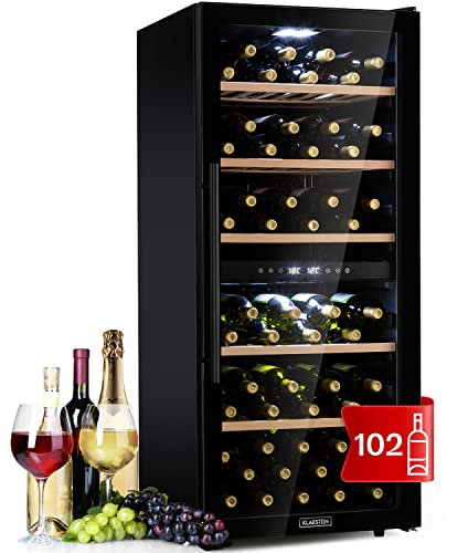 Klarstein Weinkühlschrank, Getränkekühlschrank Schmal, 2 Zonen Kühlschrank mit Glastür, Getränkekühlschränke Freistehend, Weinkühlschrank Klein, Weinkühlschränke mit UV-Schutz, 5-18°C, 102 Flaschen