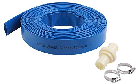 KATSU Layflat Tuyau de Refoulement 20 m x 32 mm, avec 2 Clips et Connecteur, Convient aux Pompes Submersibles et Pompes à eau pour étang de Drainage, Irrigation de Jardin, Piscine, Bleu 664435