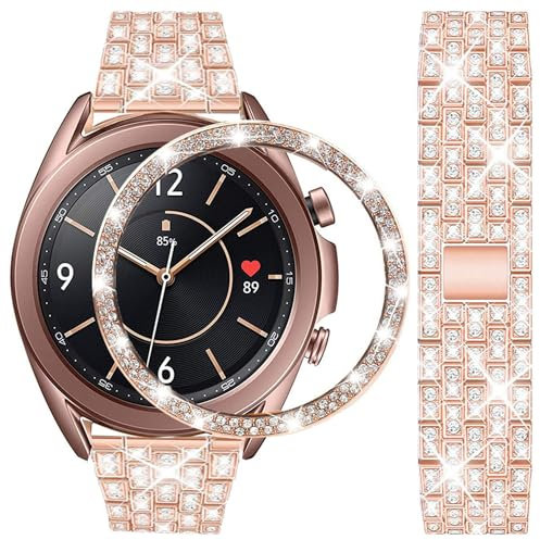 DEALELE Armband Kompatibel mit Samsung Galaxy Watch 3 41mm, 20mm Luxus Diamant Edelstahl Metall Uhrenarmbänder mit Strass Lünette Ring Schutzhülle Ersatz für Damen Herren, Roségold