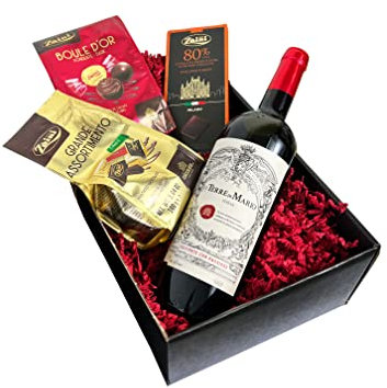 Edles Geschenkset Dunkles Genuss Duo Wein, Pralinen Schokolade mit Terre di Mario Rotwein und italienischen Schokoladenspezialitäten