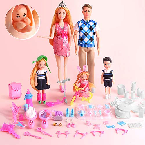 UCanaan Famille Poupées Ensemble 6 Personnes avec Papa Maman Enceinte 3 Enfants et Bébé Garçon dans Le Ventre Maman et 70 Pièces Accessoires pour l'éducation et Cadeau Jour d'anniversaire