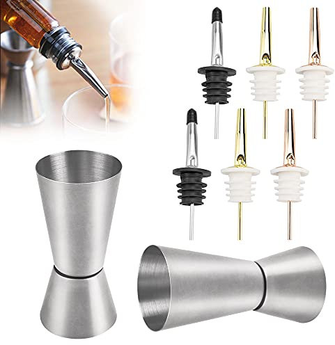 SNAGAROG 6 Stück Ausgießer Edelstahl Flaschenausgießer mit 2 Staubkappen und 2 Stück Messbecher Measuring Cup (25&50ml) für Kaffee Cocktails Getränke Wein Oliven Öl