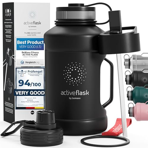 Borraccia in acciaio inox Active Flask + cannuccia (3 tappi) | 1,3/2,2 litri bottiglia sportiva senza BPA a prova di perdite per bibite gassate, 2l XL bottiglie Sport Outdoor Palestra Acqua