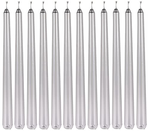 Set Stabkerzen Dinnerkerzen Leuchterkerzen Tafelkerzen Spitzkerzen metallische Optik 7 Stunden Brenndauer (25cm - 12 Stück, Silber)