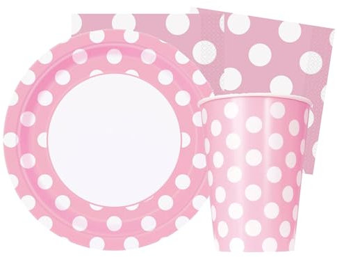 Isola Party Kit festa di compleanno tinta unita color Rosa pois bianchi per 12 persone eco-friendly (12 piatti di carta ⌀ 23 cm, 12 bicchieri di carta 266 ml, 16 tovaglioli di carta 33x33 cm)