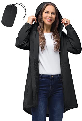 33,000ft Women's Rain Jacket Lightweight Hooded Long Rain Coat Waterproof Jacket Ladies Packable Functional Jacket Windbreaker Breathable Active Outdoor Coats Black L/14