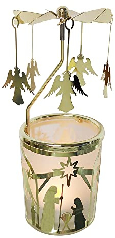 Kingnero Engel Windlicht Karussell, Glas teelichthalter karussell, Drehbar Kerzenhalter windmühle Kerze für Weihnachten Geschenke (Goldener)