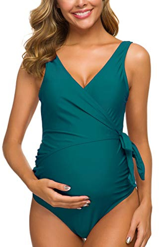 Love2Mi Schwangerschafts Badeanzug Einteilig Elegant mit V-Ausschnitt Schwangerschafts Bademode Krawattenfront Bowknot Badeanzug Pfauenblau M