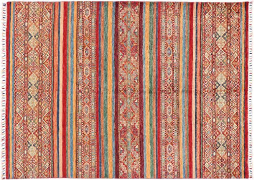 RUG PRINCE Afghan Ziegler Khorjin Teppich 170x240 Handgeknüpft Rot Streifen Orient Kurzflor b