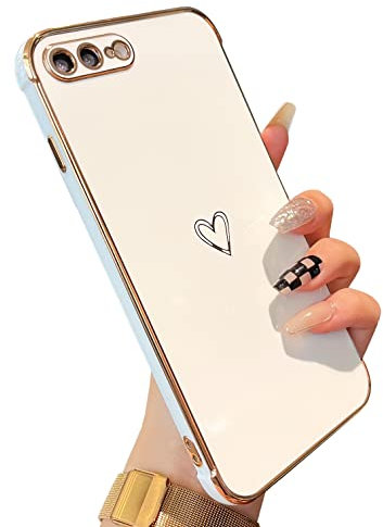 ZTOFERA Compatible with iPhone 7 Plus/iPhone 8 Plus Case for Girls Women, Flexible Silicone Protective Phone Case with Cute Love Heart Pattern Golden Edging Shockproof Bumper Cover, White