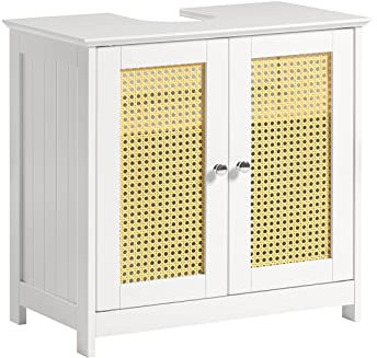 SoBuy Meuble sous-Lavabo, Meuble sous-Vasque à 2 étages réglable et 2 Portes en Ploy Rotin, Meuble de Rangement de Salle de Bain, Placard de Rangement, L60 x P35 x H58 cm, BZR72-W