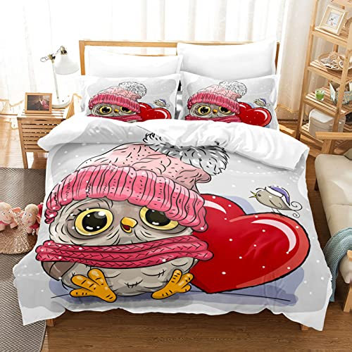 SJSXWQN Bettwäsche 200x220 Graue Eule Bettwäsche-Set mit Reißverschluss Schließung für Erwachsene Kinder Weicher Atmungsaktive Mikrofaser Bettbezug + 2 Kopfkissenbezug 80x80 cm