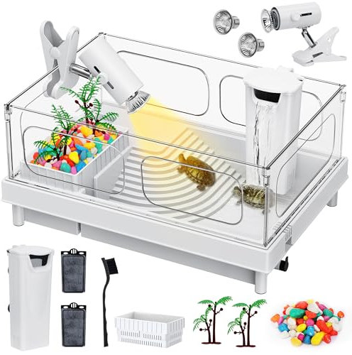 Geegoods Schildkröten-Tank-Set, kleines Schildkröten-Tank-Starter-Set, Schildkröten-Aquarium mit Licht, Filter, farbigen Felsen, Bürste und kleine Pflanze für Schildkröten, Krebse, kleine Reptilien