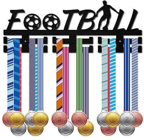 CREATCABIN Porte-Médaille Football Football Sport Médaille Cintre Médaille Présentoir Support Mural Bois Monté sur 30 médailles pour Natation Vélo Gymnastique Athlètes Champions Médaillé Noir 40x15cm