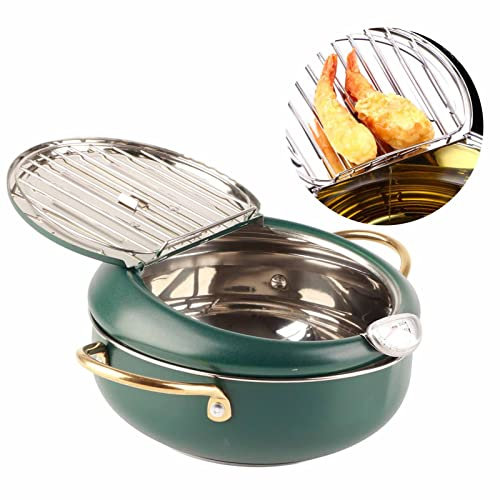 Olla Para Freidora, Olla Para Freír Estilo Japonés Con Termómetro Sartén Para Freidora De Acero Inoxidable Para Cocina De Inducción Verde Oscuro
