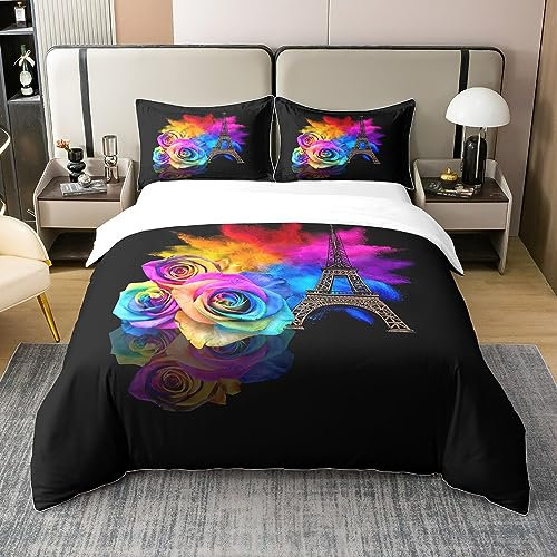 Bunte Rose 100% Natürliche Baumwolle Bettbezug für Valentinstag,Paris Eiffelturm Bettwäsche Set 200x200,Aquarell Krawatte Dye Komfortbezug,Gold Sterne Regenbogen Bett Sets mit 2 Kissenbezüge Leicht